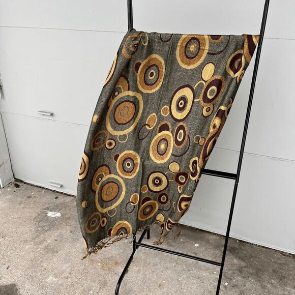 Y2K Earth-Tone Pashmina & Silk Geometric Scarf with Fringe, NWOT - Picture 3 of 5